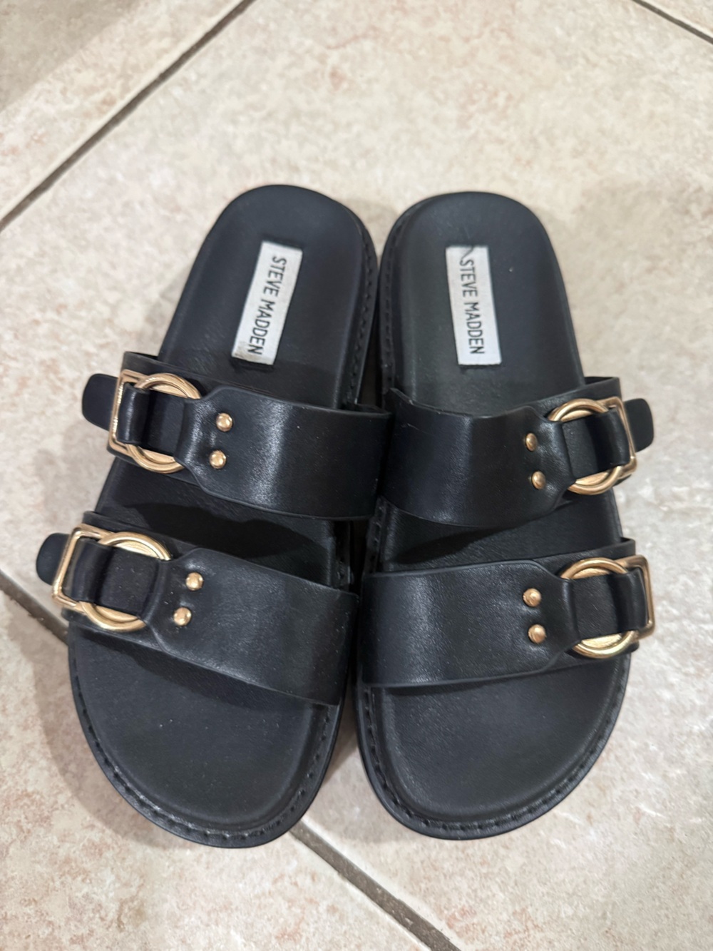 Steve Madden Black Double Strap Platform Slides | Gold Hardware | Size 6